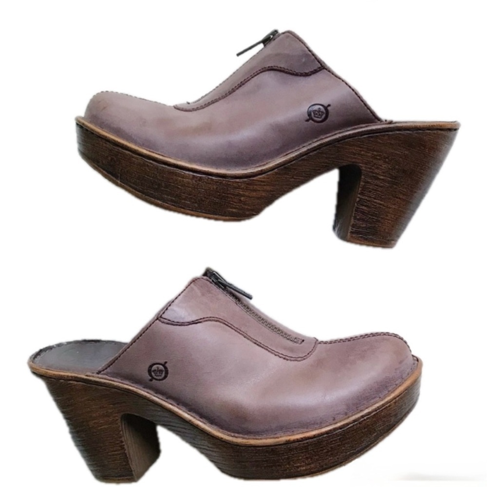 BORN Haledon Leather Clog Mules Brown Pewter Woodgrain Heel Comfort Shoes 7 EU38 - Picture 11 of 13